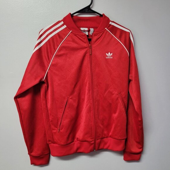 Adidas Red Full Zip Jacket Track Stripes Mens Small Flashy Pockets - Picture 1 of 9